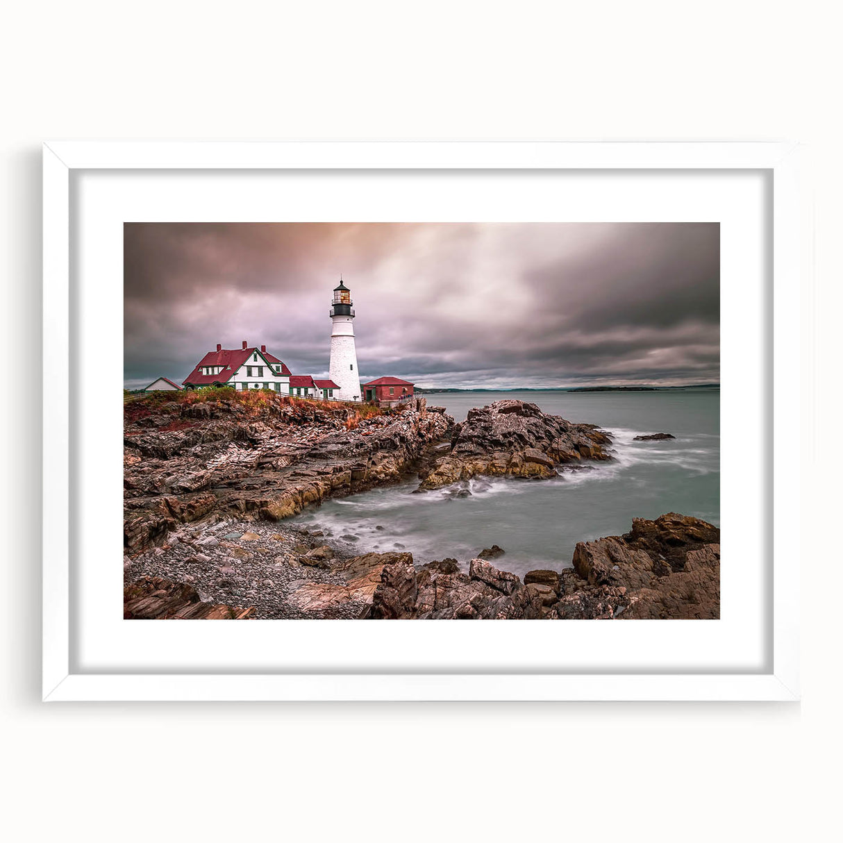 Abstract art print of Portland, Oregon, in muted green and blue tones on a framed white mat.