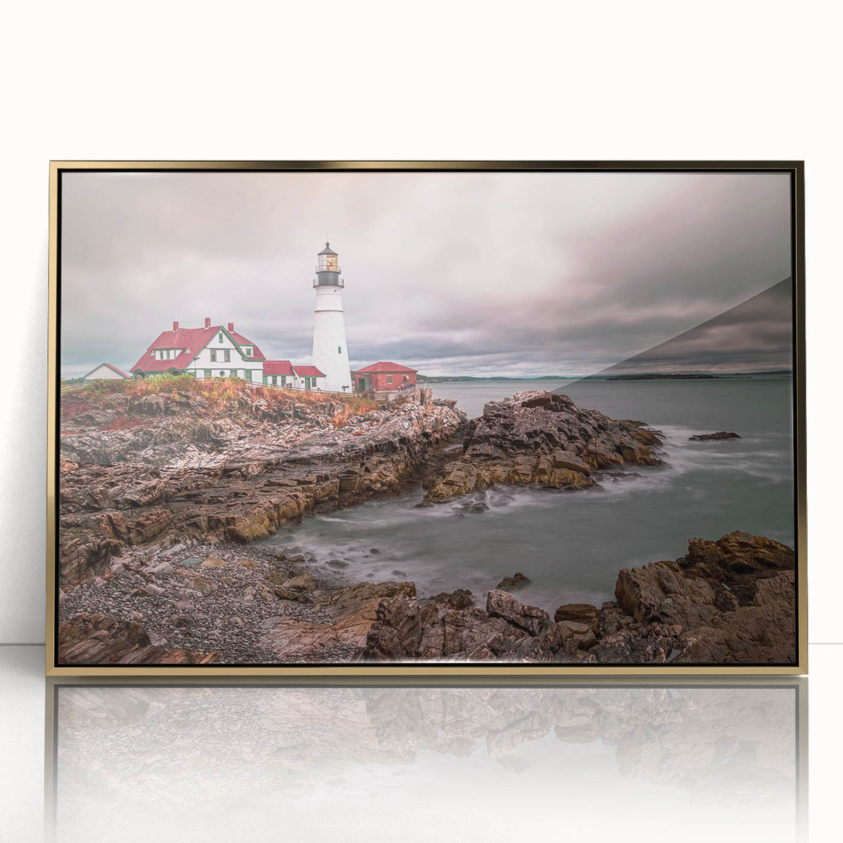 Acrylic print of Portland, Oregon skyline in muted earth tones, framed in gold, suitable for modern art wall decor.