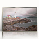 Framed acrylic print of Portland, Oregon skyline in mid-century modernist style with muted earth tones.
