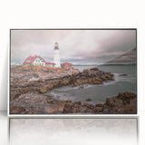Art deco poster of Portland, Oregon, in muted gray and blue tones on framed acrylic, ideal for modern nursery wall decor.