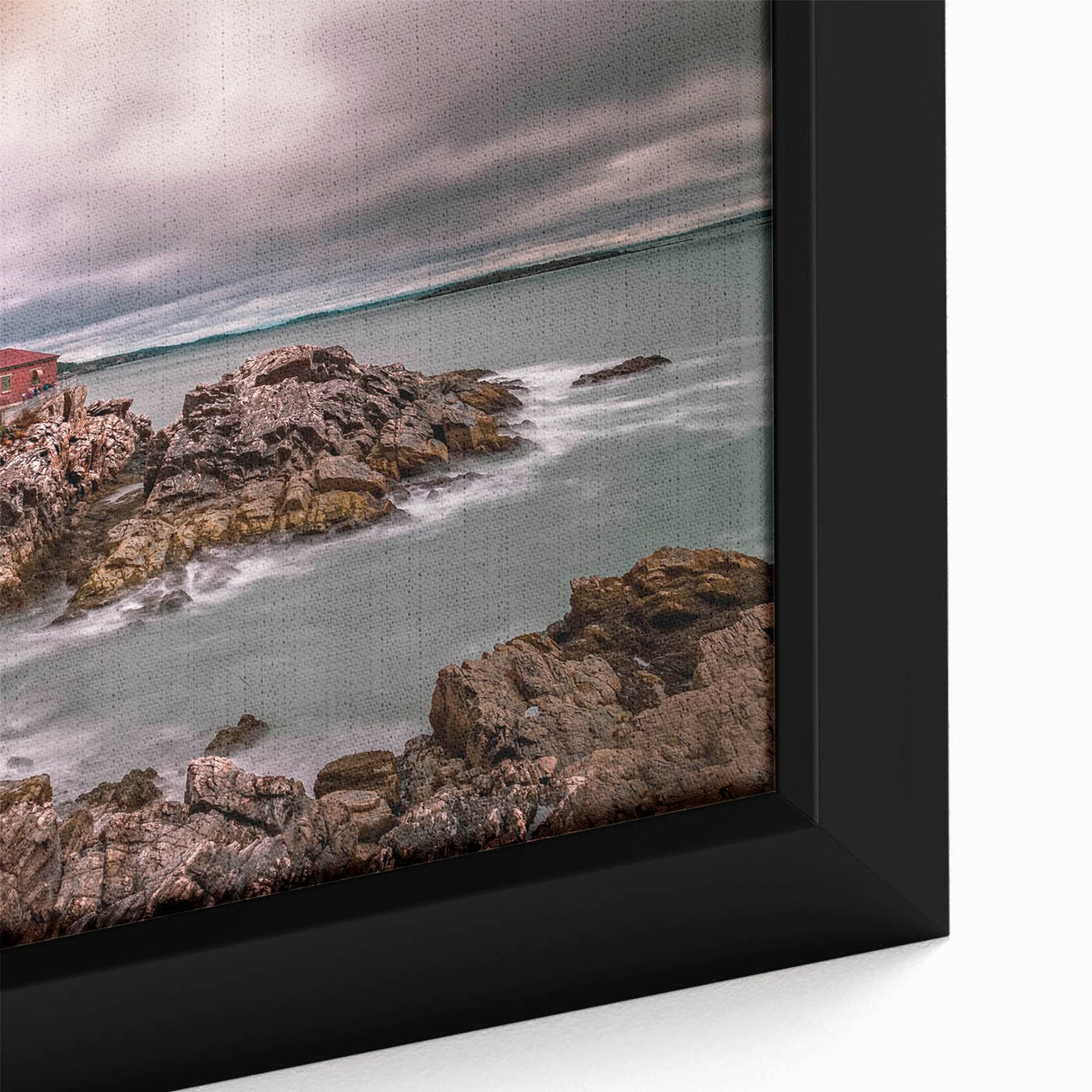 Close-up of a textured, extra large black wall art depicting Portland, Oregon, with vibrant colors, framed canvas.