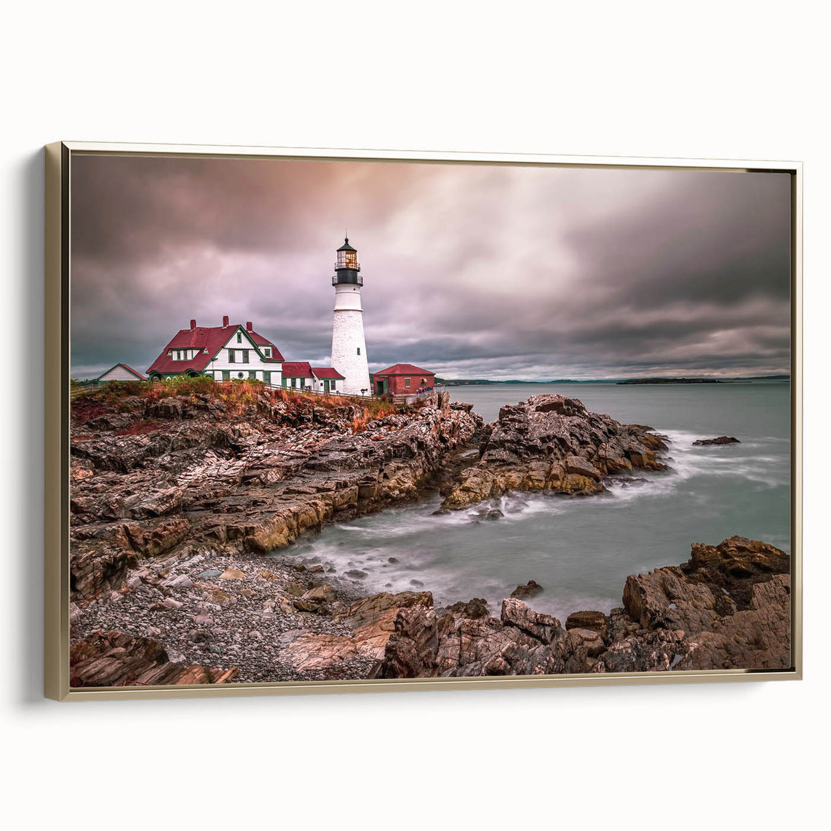Framed canvas of a vintage-style Portland, Oregon landscape in black and gold tones, ideal for bedroom wall art.