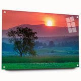 Acrylic print of a Vermont landscape in muted green and blue tones, ideal for dining room decor.