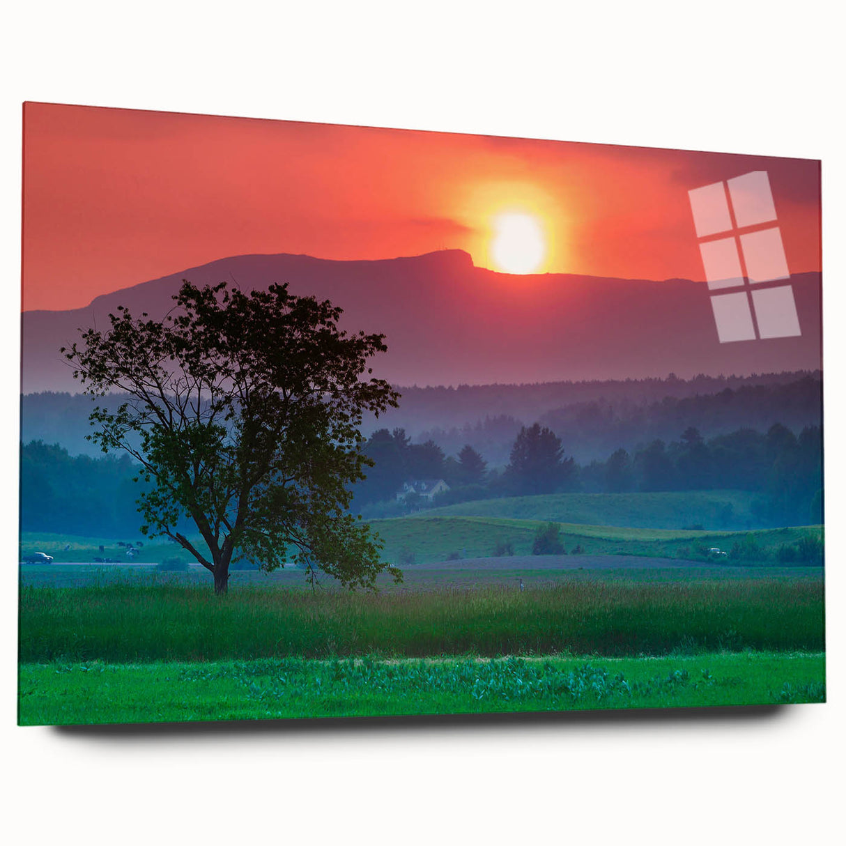 Large abstract depiction of Vermont scenery in muted green and blue tones on acrylic glass.