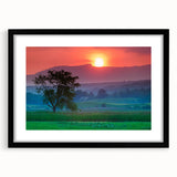 Extra large abstract art print depicting vibrant, colorful Vermont scenery on a textured canvas, framed in black.