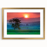 Extra large abstract art print depicting a textured Vermont scenery in muted earth tones, framed in gold.