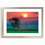 Textured art print of abstract Vermont scenery in muted earth tones, framed in silver, ideal for bedroom wall decor.