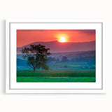 Abstract art print of Vermont scenery in muted earth tones on a white framed canvas, ideal for dining room decor.