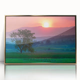 Large art print of a Vermont landscape in muted green and blue tones on a framed acrylic.