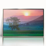 Mid-century modernist art depicting Vermont scenery in muted earth tones on a silver-framed acrylic print.