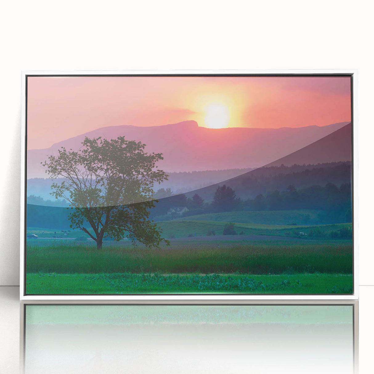 Art deco poster of a Vermont landscape in muted green and blue tones on white acrylic, ideal for nursery wall art.