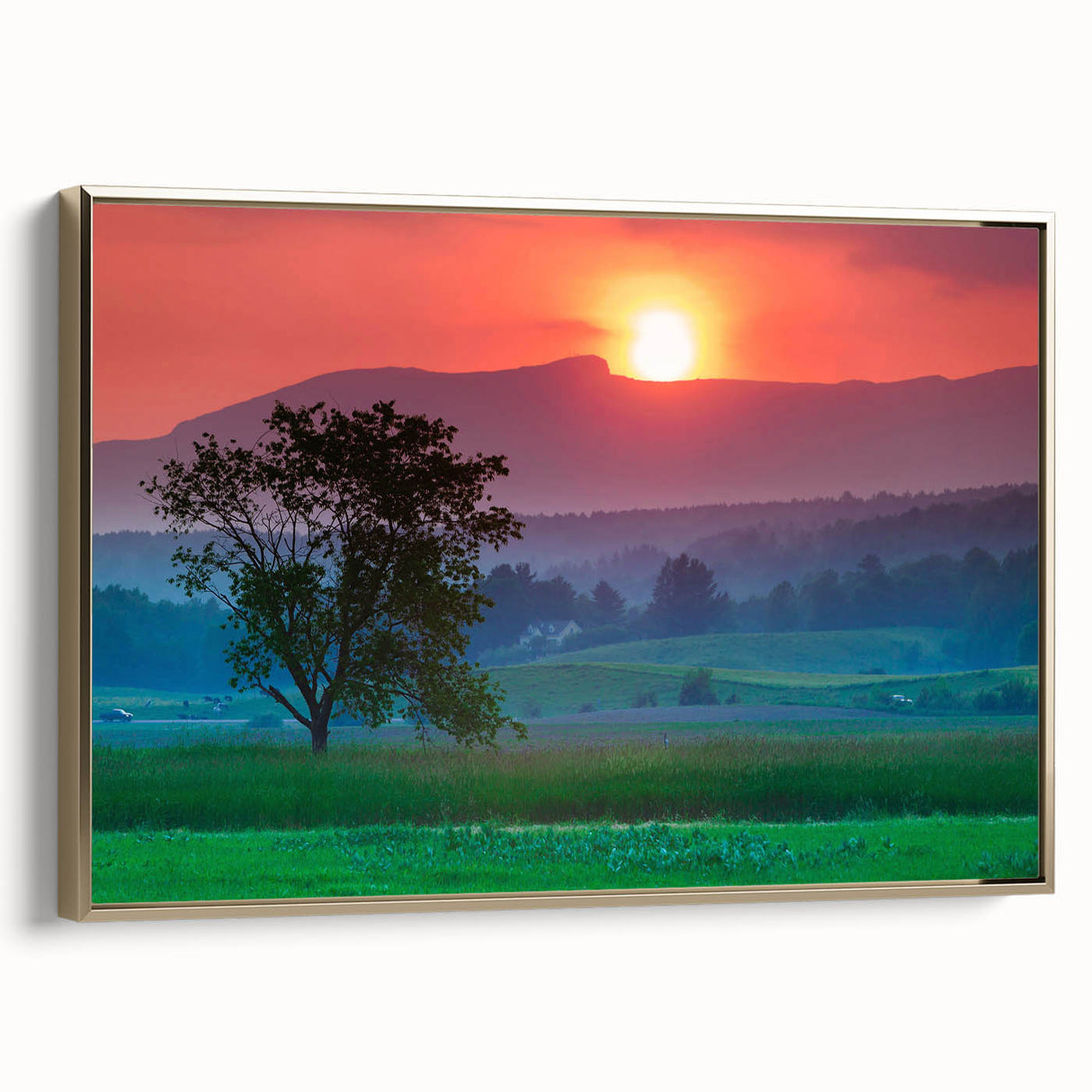 Framed canvas depicting a vintage-style Vermont landscape in muted earth tones, ideal for bedroom wall art.