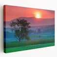 Autumn landscape in Vermont on stretched canvas, featuring warm red and orange foliage, ideal for kitchen wall art.