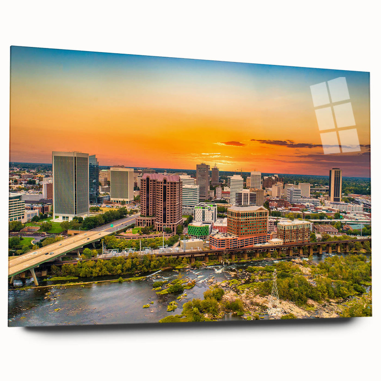 Large abstract wall art of Virginia scenery in muted earth tones on acrylic glass, ideal for bedroom or dining room decor.