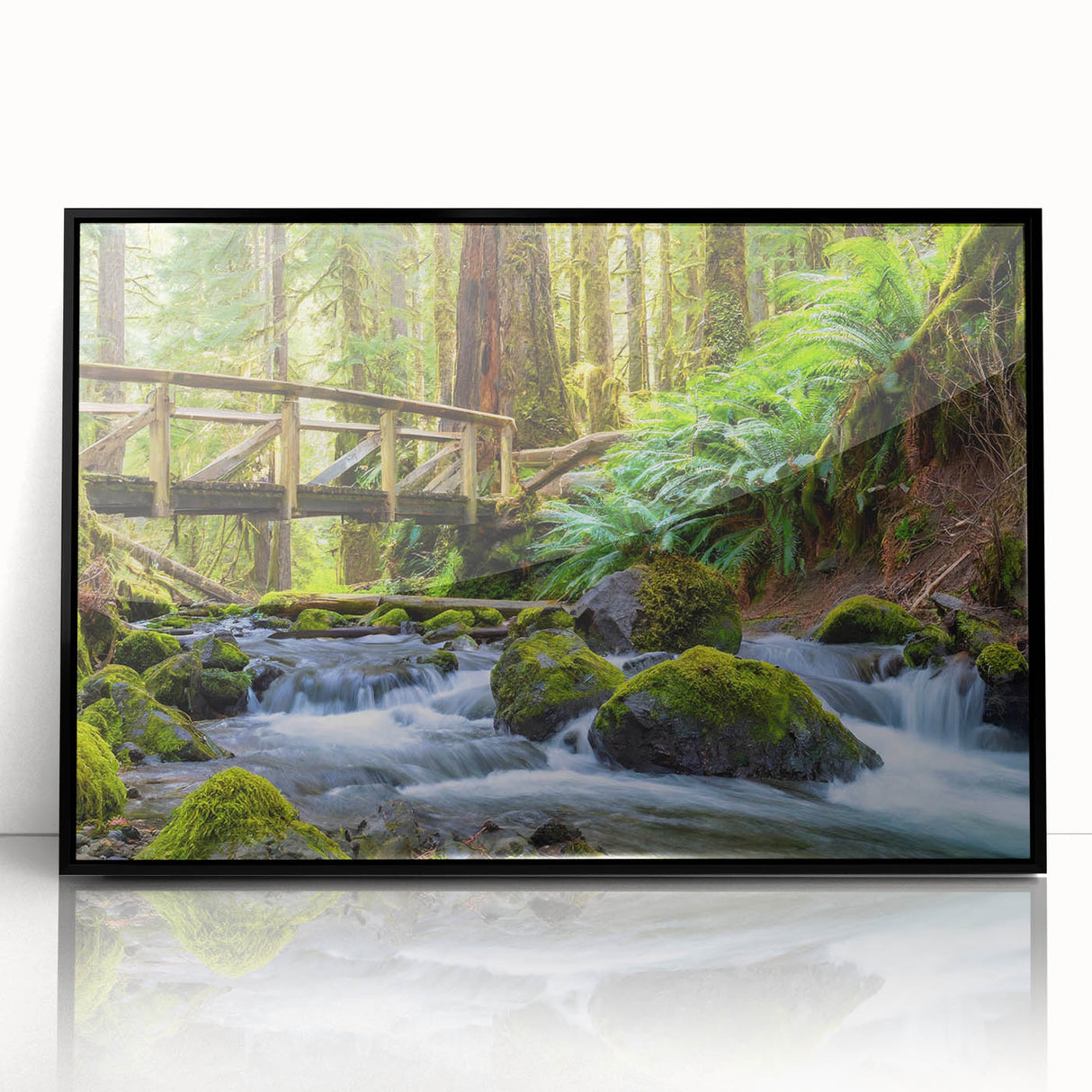 Framed acrylic print of large abstract wall art featuring muted earth tones and geometric shapes.