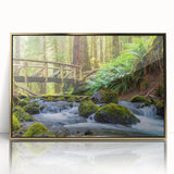 Large acrylic print of Olympic National Park in muted earth tones, framed in gold, suitable for modern art wall decor.