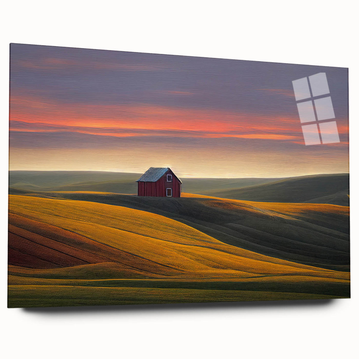 Large abstract wall art depicting the Palouse scenery in muted green and brown tones on acrylic glass.