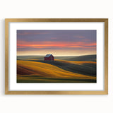 Extra large abstract art print of Palouse, Washington, in textured style with vibrant earth tones on a gold-framed canvas.