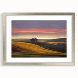 Textured art print of abstract Palouse landscape in muted earth tones, framed in silver, ideal for bedroom art.