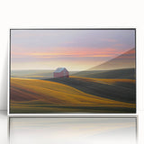 Acrylic print of Palouse, Washington scenery in muted earth tones, framed in white, suitable for modern art wall decor.
