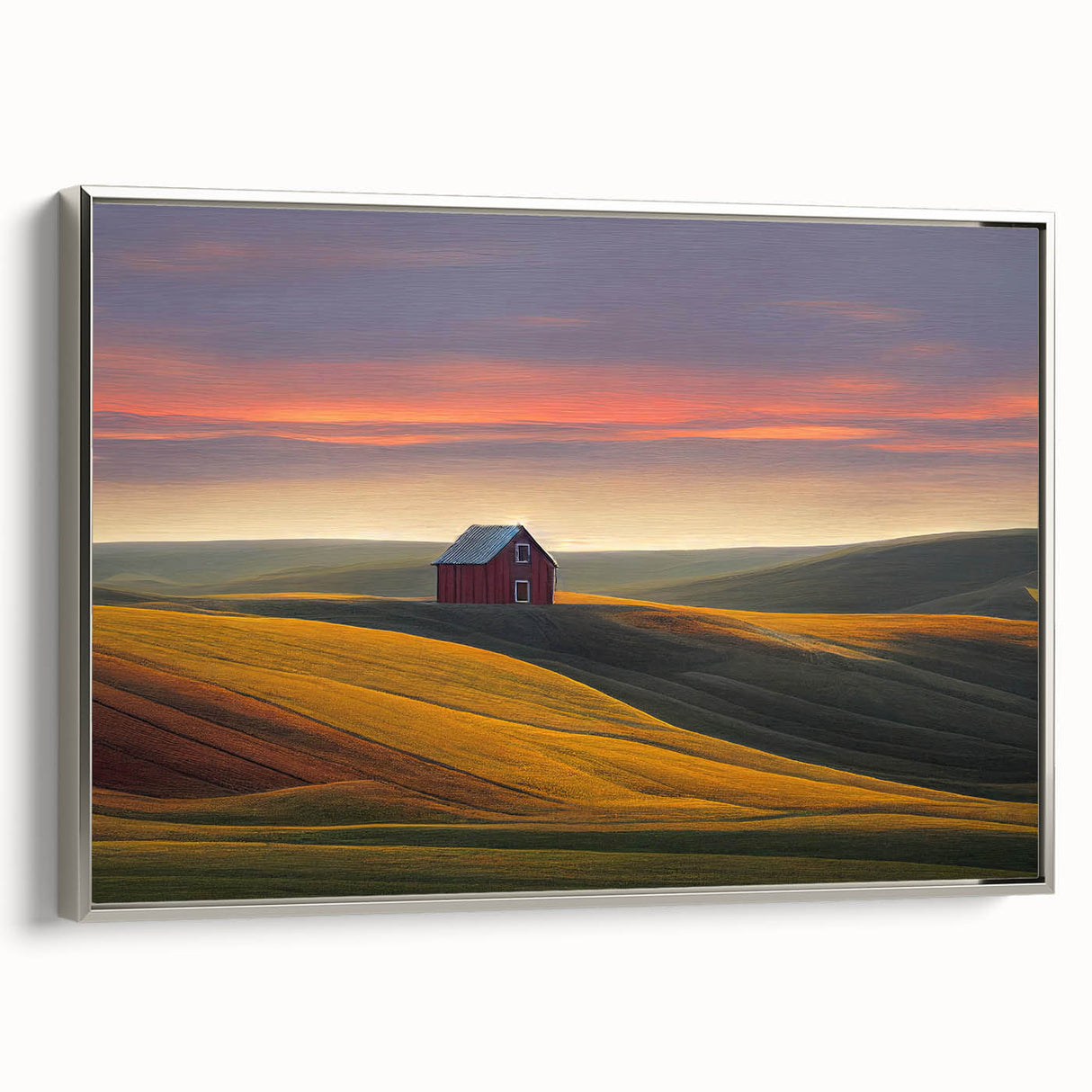 Landscape art painting of Palouse, Washington on framed canvas, featuring green fields under a cloudy sky.