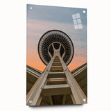Acrylic print of Seattle skyline in muted gray and blue tones, suitable for modern bedroom or dining room decor.