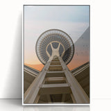 Acrylic print of Seattle skyline in art deco style with muted gray and blue tones, ideal for modern art wall decor.