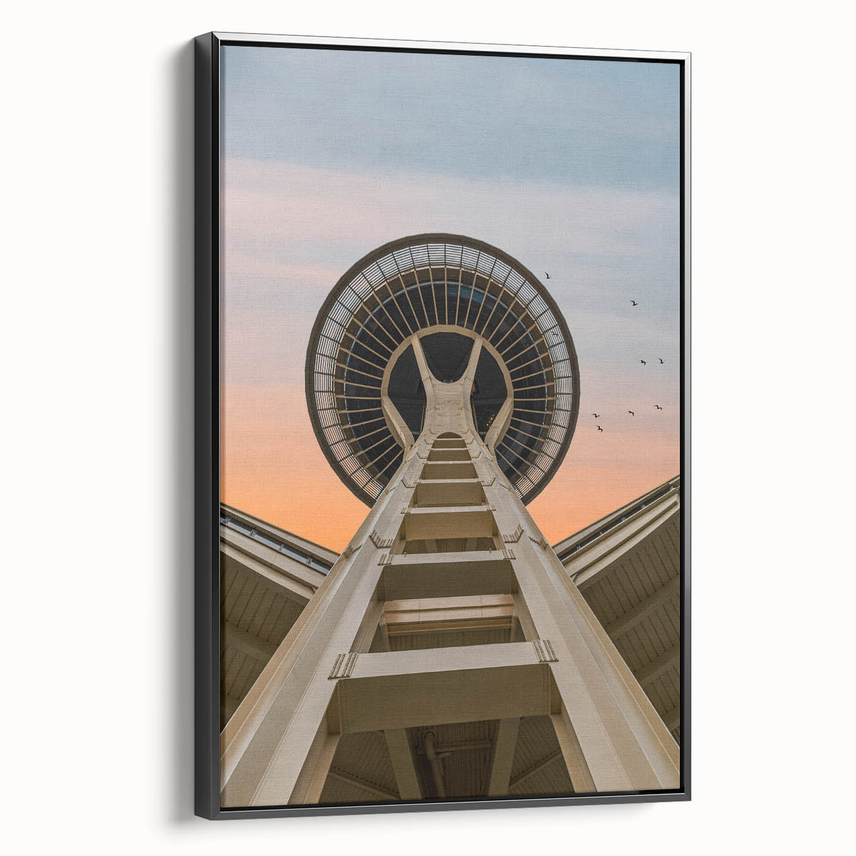 Black and white framed canvas of Seattle skyline, ideal for bedroom wall art with a vintage poster style.