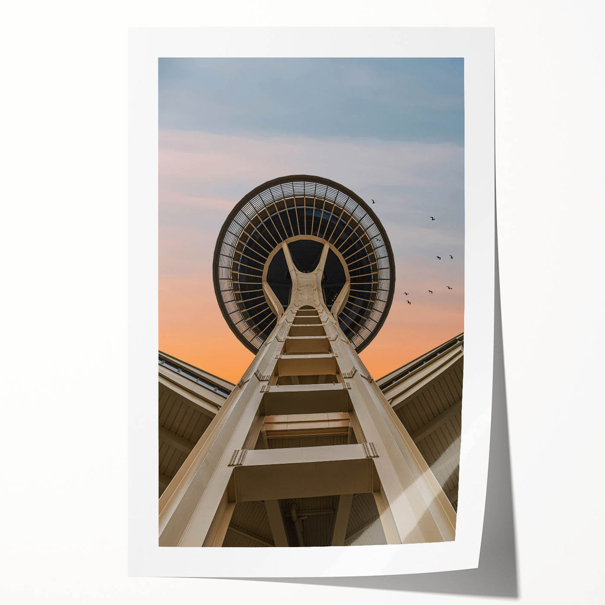 Extra large rolled print of Seattle skyline in muted gray and blue tones, ideal for art wall dining room.