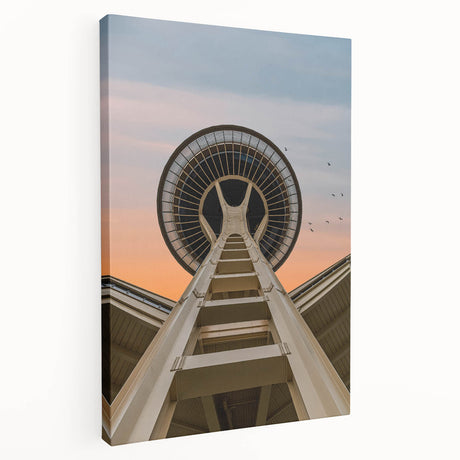 Seattle skyline depicted in muted green and blue tones on a large stretched canvas, suitable for kitchen wall art.