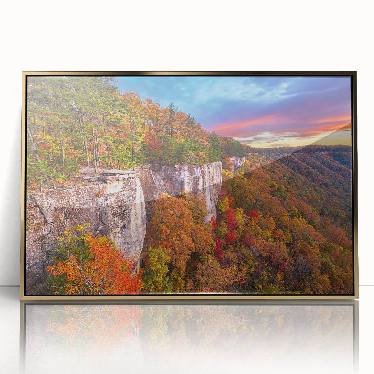 Mid-century modernist art depicting the West Virginia landscape in acrylic, framed in gold, suitable for nursery wall decor.