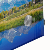 Large abstract wall art of Wyoming's Grand Tetons in muted earth tones on acrylic glass, ideal for dining room ambiance.