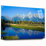 Acrylic print of the Grand Tetons with a clear sky, ideal for bedroom or dining room decor.