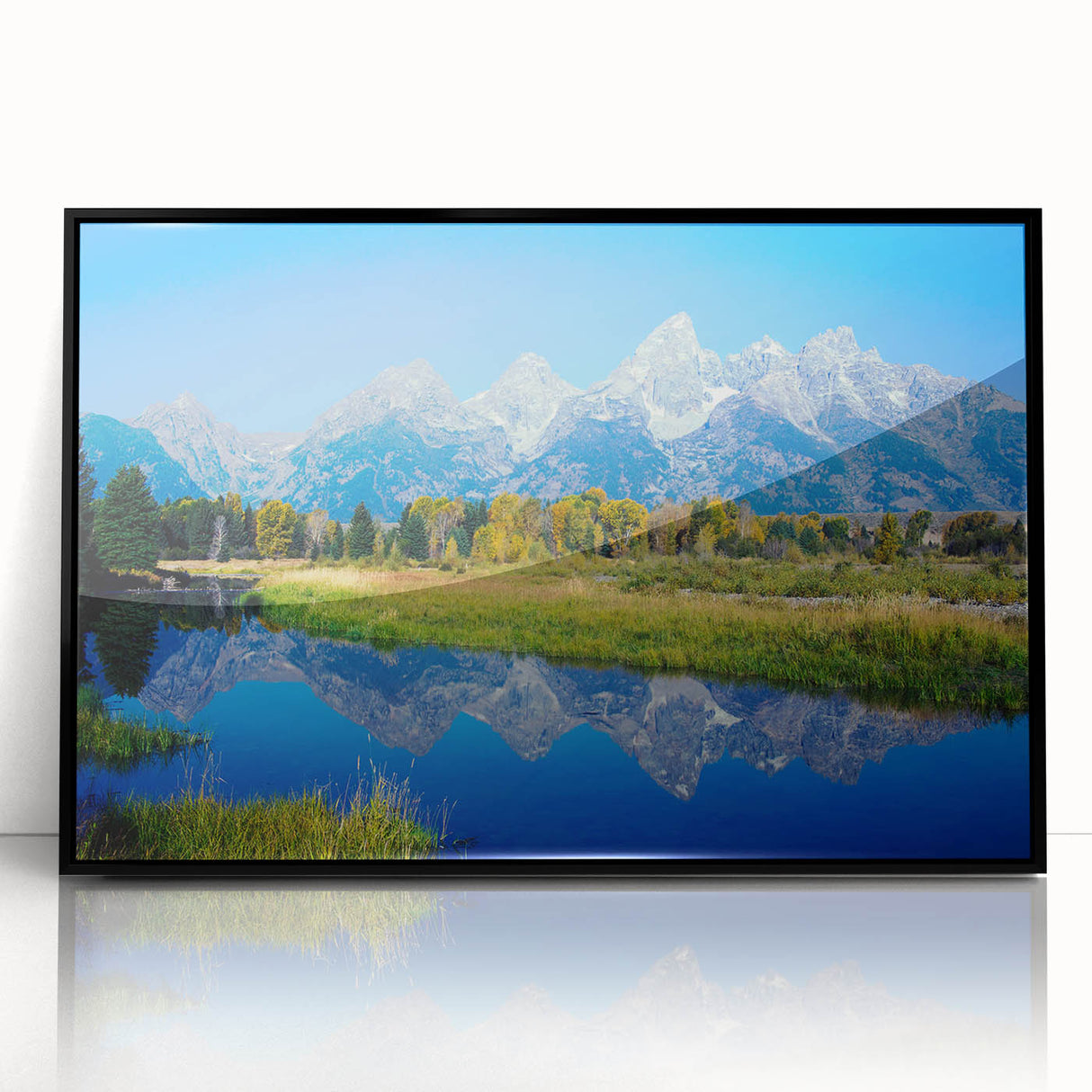 Large abstract wall art depicting the Grand Tetons in muted earth tones on a framed acrylic.