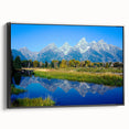 Black and white wall art of the Grand Tetons landscape on framed canvas, suitable for bedroom decor.