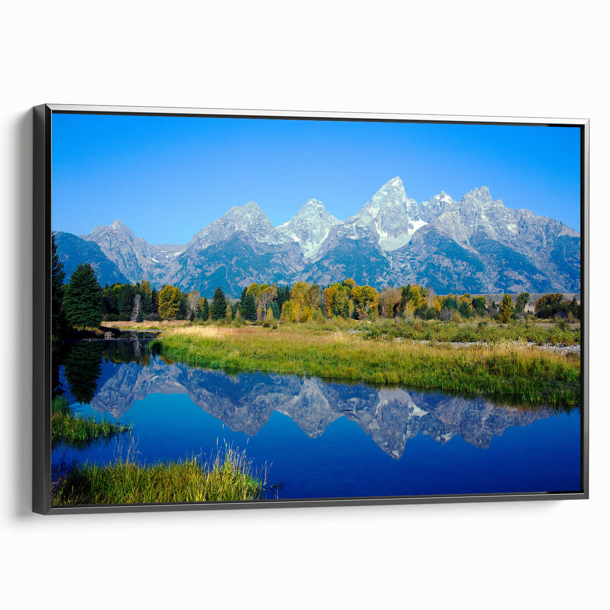 Black and white wall art of the Grand Tetons landscape on framed canvas, suitable for bedroom decor.