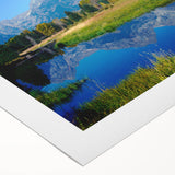 Art deco poster of Grand Tetons with muted earth tones on rolled canvas, suitable for dining room decor.