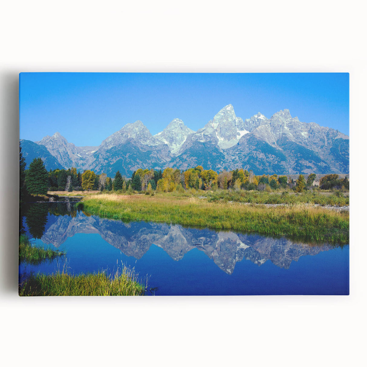 Black and white photograph of the Grand Tetons on stretched canvas, ideal for kitchen wall art.