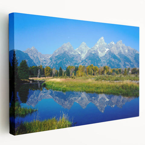 Grand Tetons landscape on large stretched canvas, featuring muted earth tones, perfect for kitchen wall art.