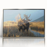 Acrylic print of Yellowstone scenery in muted earth tones, framed in silver, suitable for modern art wall decor.