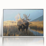 Mid-century modernist art of Yellowstone scenery in muted earth tones on a framed acrylic, ideal for nursery wall decor.