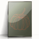 Mid-century modernist art depicting fall trees in muted orange and brown tones on a silver-framed acrylic print.