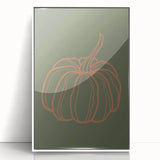 Art deco poster featuring an abstract fall scene in muted orange and brown tones on a white framed acrylic.