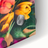 Large abstract wall art featuring spring-themed colors on acrylic glass, ideal for dining room ambiance.