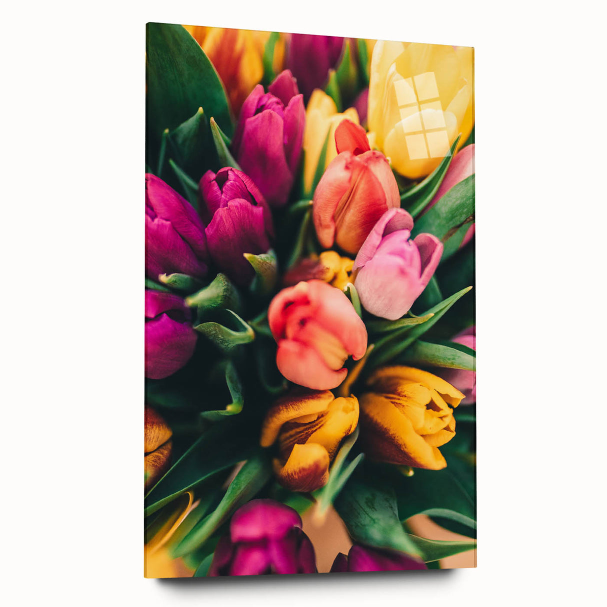 Large abstract wall art depicting spring themes in pastel shades on acrylic glass, suitable for bedroom or dining room decor.