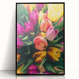 Framed acrylic print of large abstract wall art featuring spring-themed colors in a mid-century modernist style.