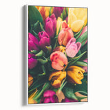 Vintage poster art of spring season on extra large framed canvas, featuring colorful flora against a black background.
