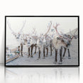 Large abstract wall art depicting a winter scene in cool blue and white tones, framed in black acrylic.