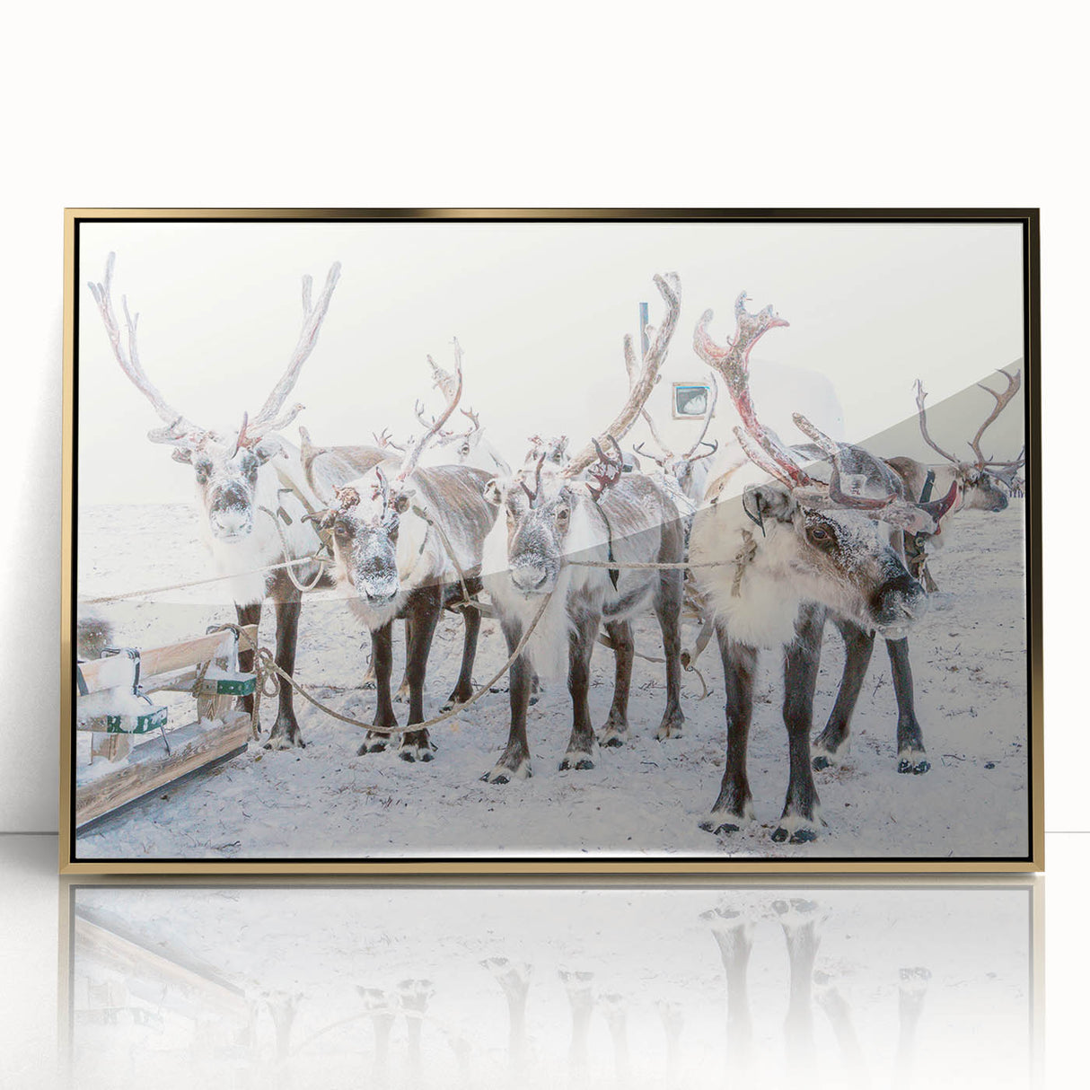 Mid-century modernist winter scene in muted blue and white tones on a framed acrylic, ideal for nursery wall decor.
