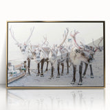 Mid-century modernist winter scene in muted blue and white tones on a framed acrylic, ideal for nursery wall decor.